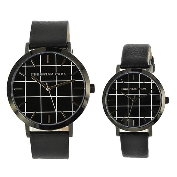 ペア収納BOX付き クリスチャンポール ペアウォッチ グリッド 格子柄 チェック ブラック 黒 レザー 天然皮革 GR-01GRL-01 腕時計 クリスマス プレゼント
