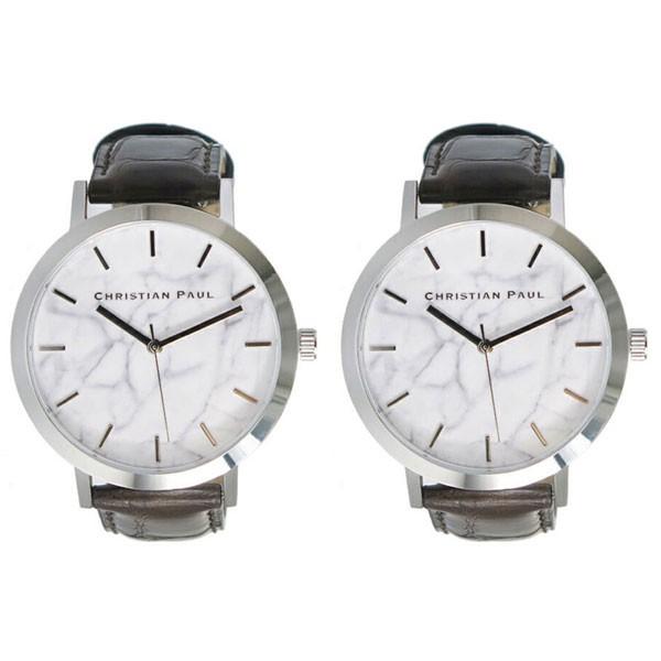 クリスチャンポール ペアウォッチ ユニセックス シェア 43mm ホワイトマーブル 大理石柄 シルバーケース ブラウン レザー 腕時計 プレゼント 誕生日プレゼント