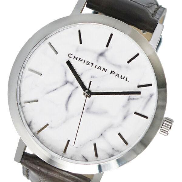 クリスチャンポール ペアウォッチ ユニセックス シェア 43mm ホワイトマーブル 大理石柄 シルバーケース ブラウン レザー 腕時計 プレゼント 誕生日プレゼント_1