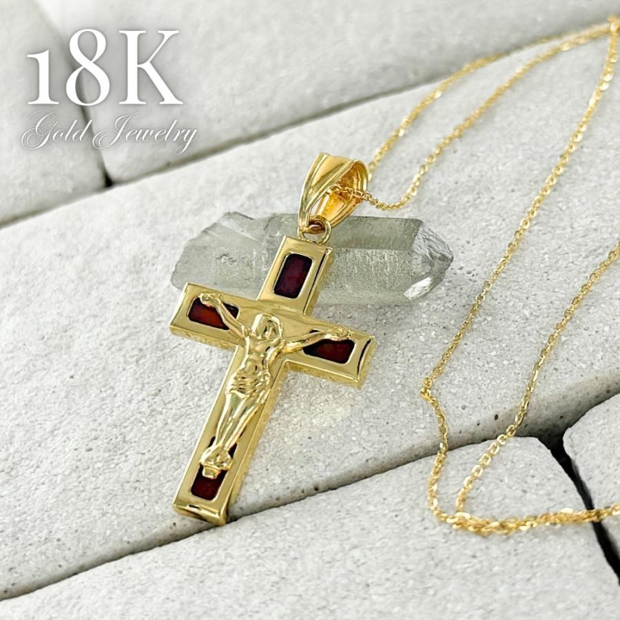 K18 ネックレス クロス ジーザス チャーム ガーネット リバーシブル 18