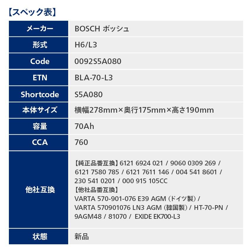 ボッシュ バッテリー ドイツ製 BOSCH AGM バッテリー 70A 760CCA 規格:L3 サイズ:W278mm D175mm H190mm S5A08 LN3互換の画像