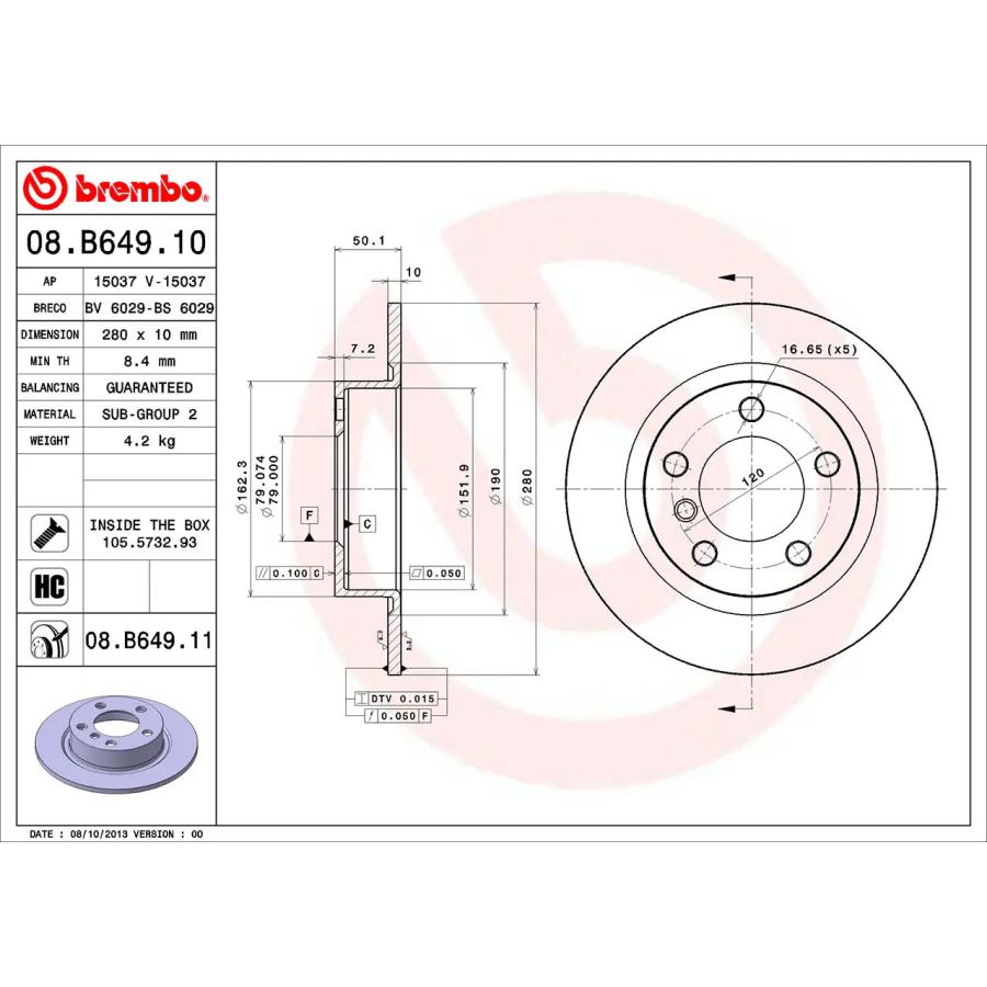 08.B649.11 ブレンボ ブレーキディスク ローター 左右セット リア 2枚 ブレーキローター Brembo スタンダードタイプ 純正同等 ECE-R90 MINI CROSSOVER (R60)の画像