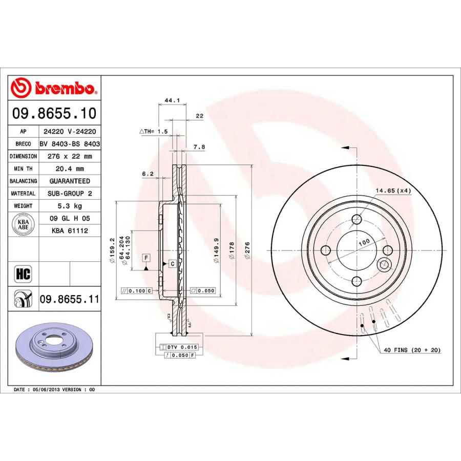 09.8655.11 ブレンボ ブレーキディスク ローター 左右セット フロント 2枚 ブレーキローター Brembo スタンダードタイプ 純正同等 ECE-R90 MINI R50 R52 R53の画像
