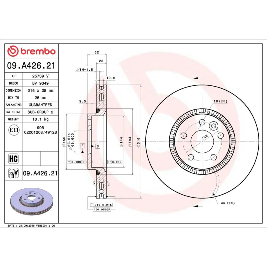 09.A426.21 ブレンボ ブレーキディスク ローター 左右セット フロント 2枚 ブレーキローター Brembo スタンダードタイプ 純正同等 ECE-R90 VOLVO V60_1