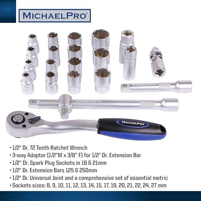22ピース 1/2インチ 72T ラチェットレンチソケットセット マイケルプロ 工具 整備用品 メンテナンス 修理 DIY 自動車 軽自動車 大型車 MichaelPro |  | 01