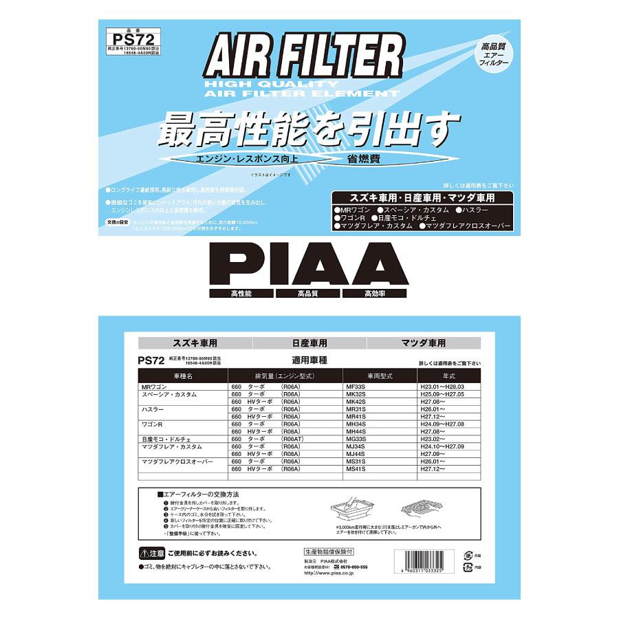PIAA エアーフィルター エアフィルター 1個入 [日産/マツダ/スズキ車用] ワゴンR・モコ・フレア 他 PS72 ピア | PIAA | 01