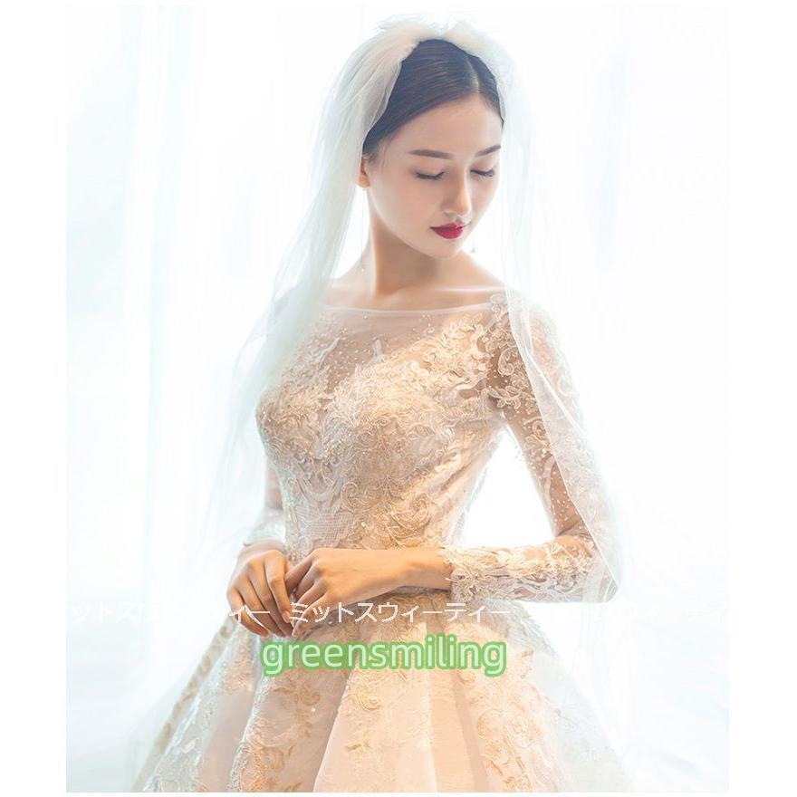 ウェディングドレス 花嫁 二次会 ウエディングドレス 結婚式 ロングドレス プリンセスライン レース 長袖 挙式 披露宴 華やか ブライダル 編み上げ トレーン_3