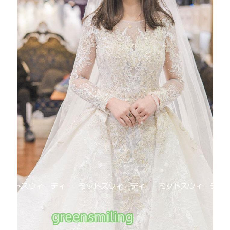 ウェディングドレス 花嫁 二次会 ウエディングドレス 結婚式 ロングドレス プリンセスライン レース 長袖 挙式 披露宴 華やか ブライダル 編み上げ トレーン_6