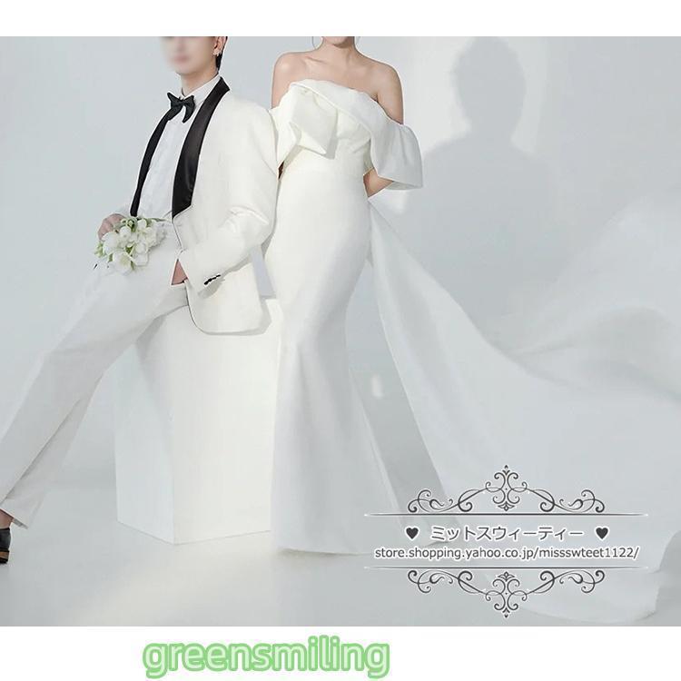 ウェディングドレス 二次会 結婚式 ブライダル マーメイド オフショルダー 前撮り 挙式 花嫁 記念撮影 ウエディングドレス ガーデンウエディング サテン_11