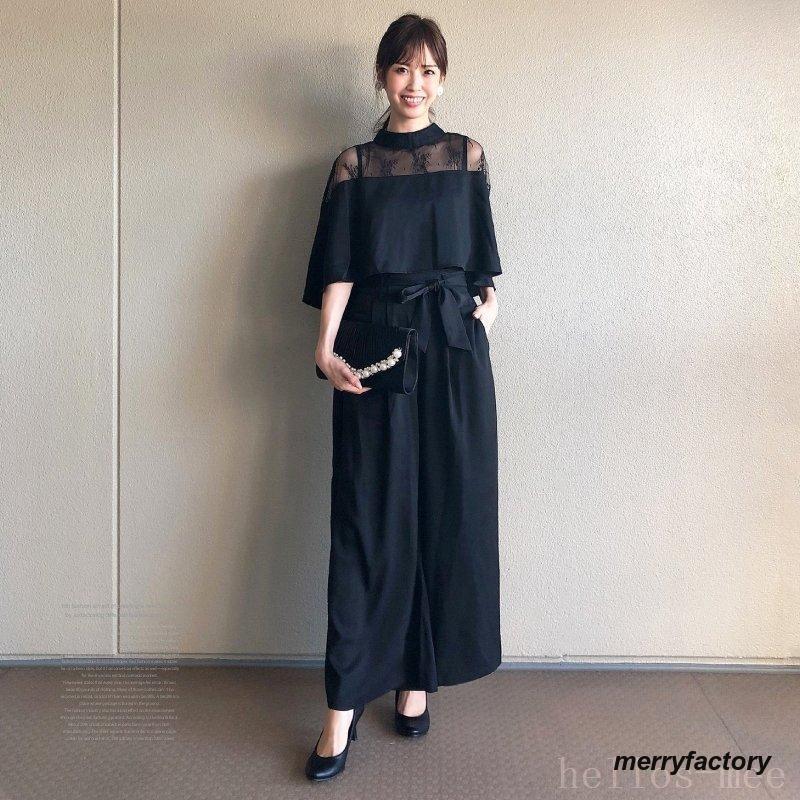 ドレススーツセットワイドパンツケープレース春夏秋パーティードレス