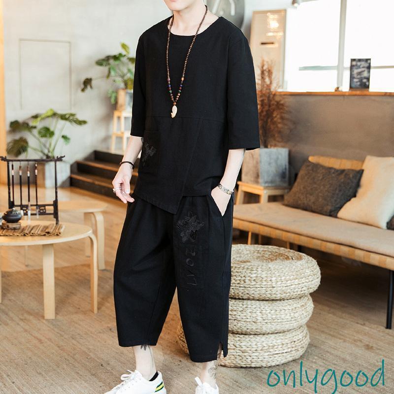 セットアップ メンズ リネン 七分袖 上下 2点セット 刺繍 花柄