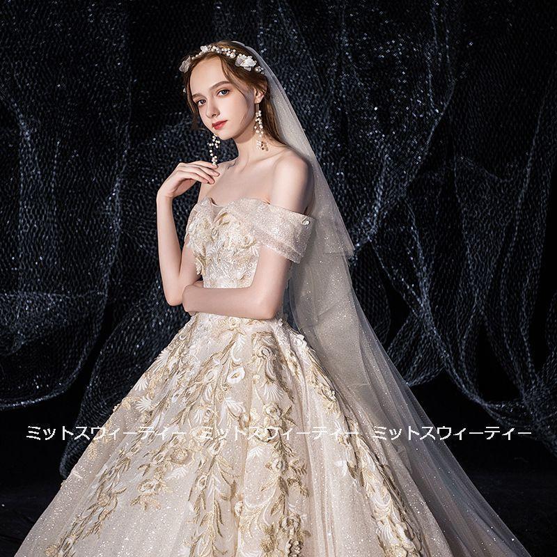 ウェディングドレス 花嫁 二次会 ウエディングドレス 結婚式 ロングドレス プリンセスライン 刺繍 教会挙式 披露宴 ブライダル オフショルダー 豪華 ゴージャス_3