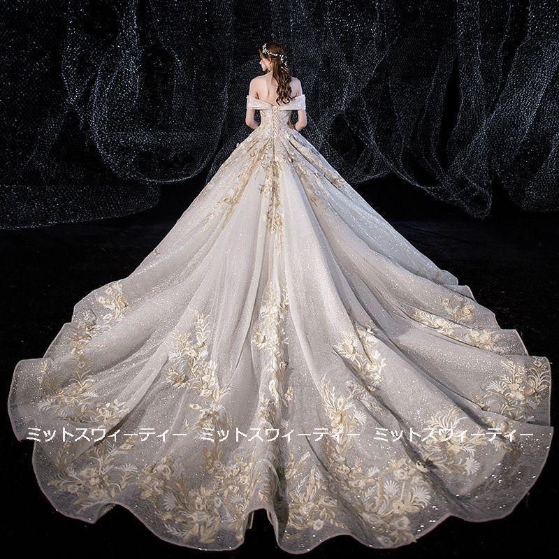 ウェディングドレス 花嫁 二次会 ウエディングドレス 結婚式 ロングドレス プリンセスライン 刺繍 教会挙式 披露宴 ブライダル オフショルダー 豪華 ゴージャス_4