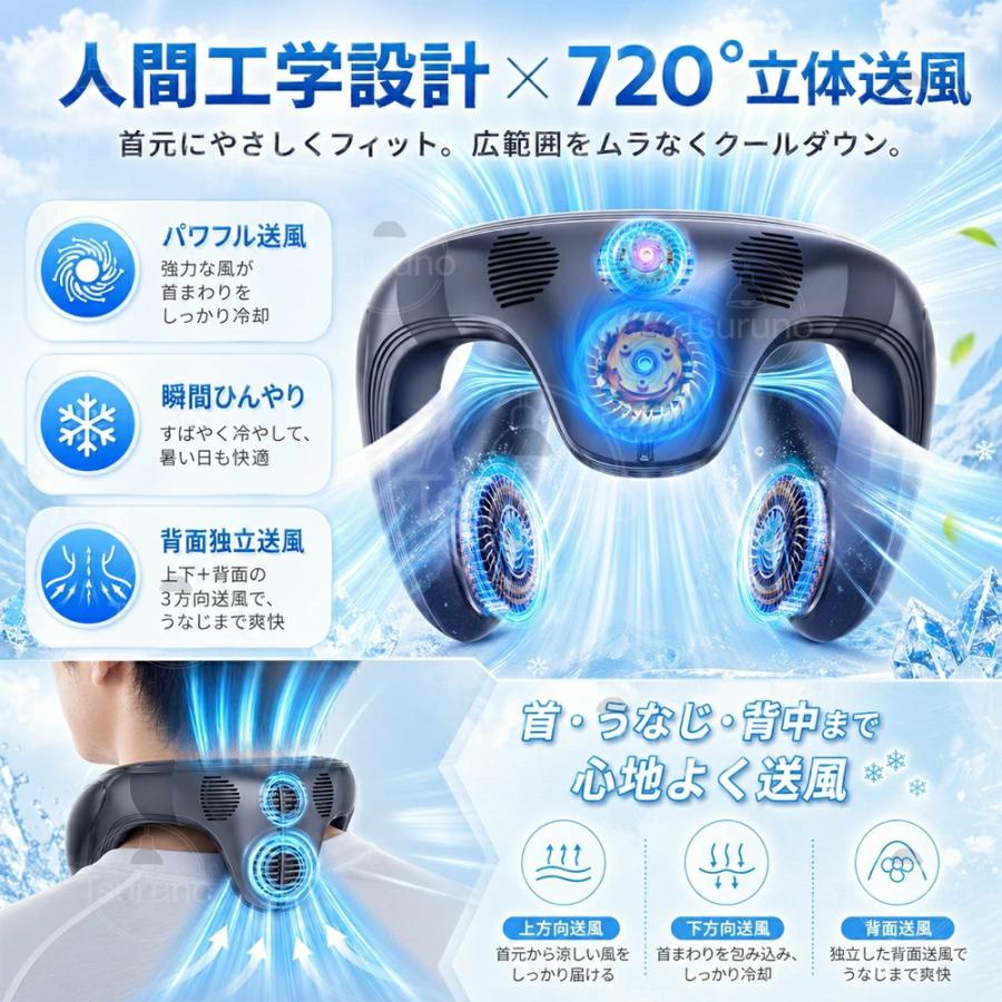 ネッククーラー 首掛け扇風機 瞬間冷却 720°背中送風 USB充電式 大容量