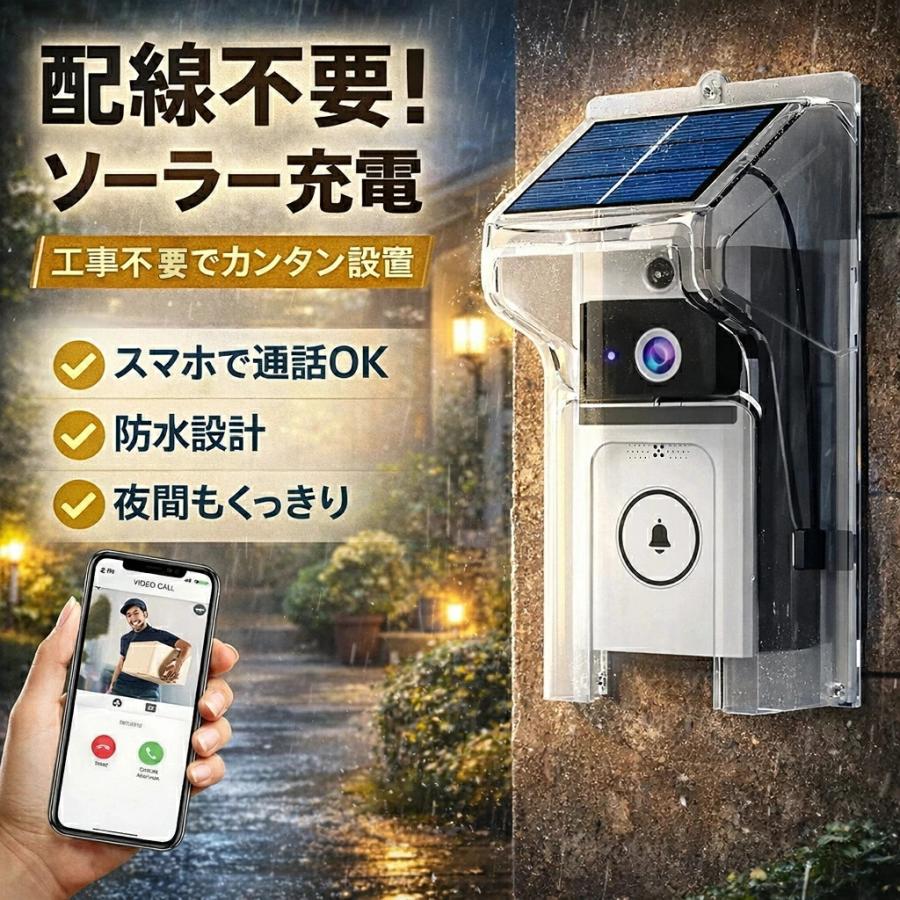 ソーラー充電式 玄関カメラ ワイヤレス インターホン 工事不要 配線