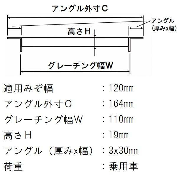 法山本店 グレーチング蓋 規格 適用みぞ幅120mm 外寸164mm 長さ995mm