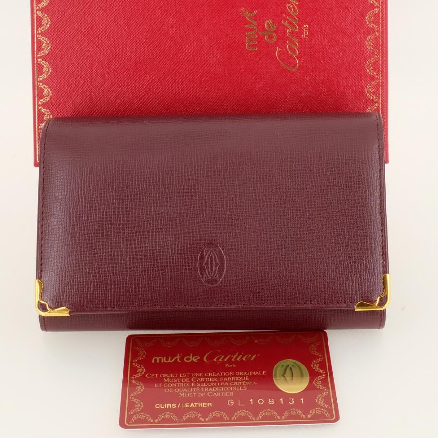 美品】カルティエボルドーレザー二つ折り財布 ギャランティーカード付