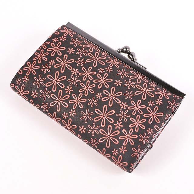 印傳屋（INDEN-YA） 印伝 財布 がま口 印伝屋 黒地ピンク漆 雪割草