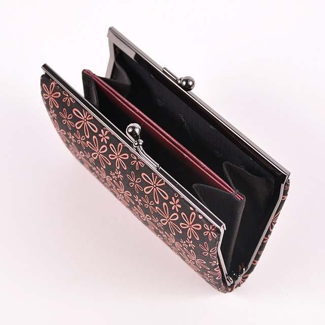 印傳屋（INDEN-YA） 印伝 財布 がま口 印伝屋 黒地ピンク漆 雪割草