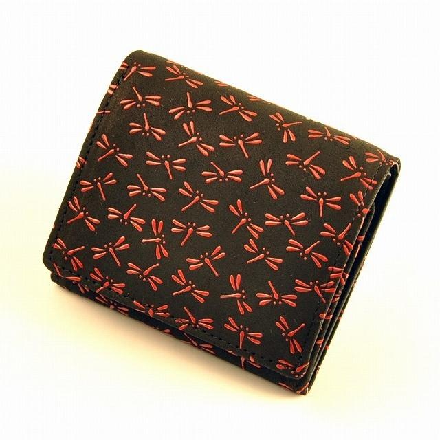 印傳屋（INDEN-YA） 印伝 財布 二つ折り 印伝屋 札入 黒地赤漆 とんぼ
