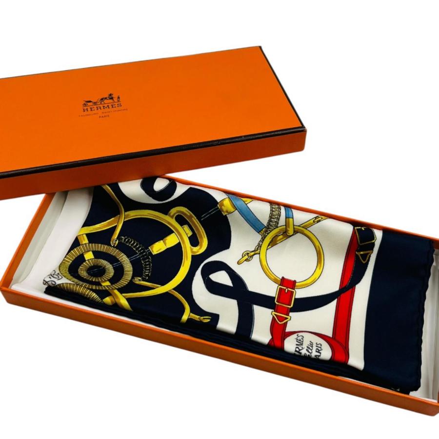 【新品】HERMES ハンカチ　ネイビー HERMES（エルメス） ハンカチ ネイビー シルク 約42cm×42cm