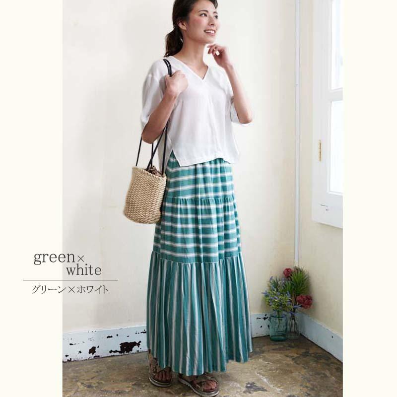 ティアードスカート レディース ロング ボーダー 切り替え ウエストゴム マキシ丈 ギャザー 裏地付き skirt |  | 01