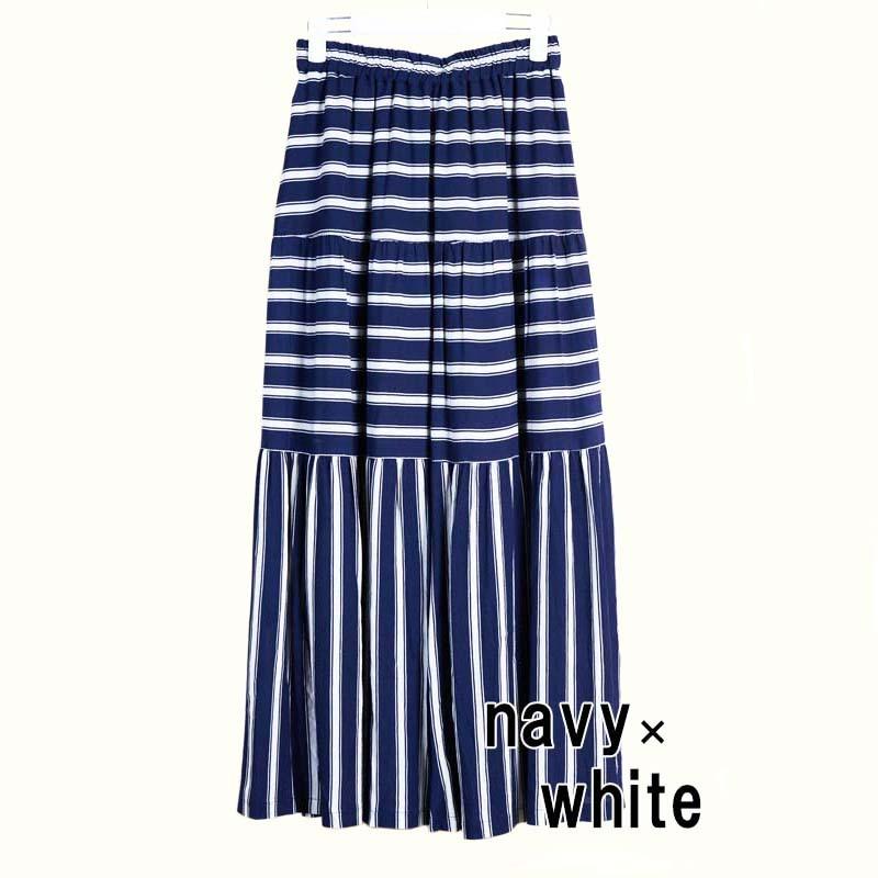 ティアードスカート レディース ロング ボーダー 切り替え ウエストゴム マキシ丈 ギャザー 裏地付き skirt |  | 11