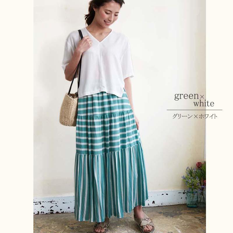 ティアードスカート レディース ロング ボーダー 切り替え ウエストゴム マキシ丈 ギャザー 裏地付き skirt |  | 02