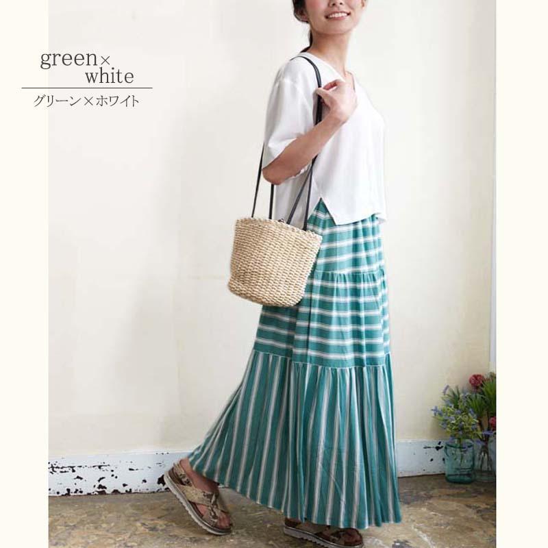 ティアードスカート レディース ロング ボーダー 切り替え ウエストゴム マキシ丈 ギャザー 裏地付き skirt |  | 03
