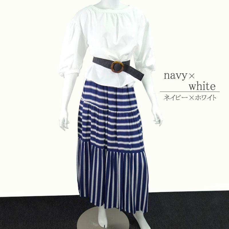 ティアードスカート レディース ロング ボーダー 切り替え ウエストゴム マキシ丈 ギャザー 裏地付き skirt |  | 04