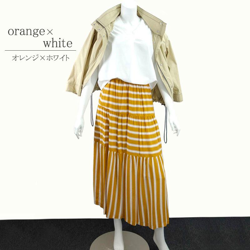 ティアードスカート レディース ロング ボーダー 切り替え ウエストゴム マキシ丈 ギャザー 裏地付き skirt |  | 05