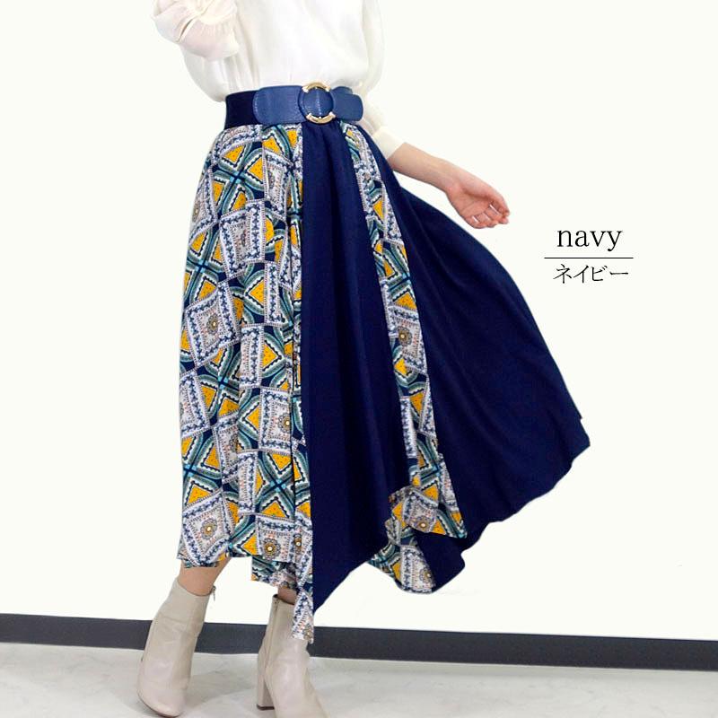 ハンカチーフヘムスカート レディース ロング プリント ミモレ丈 アシメ イレヘム ウエストゴム しわになりにくい skirt |  | 03