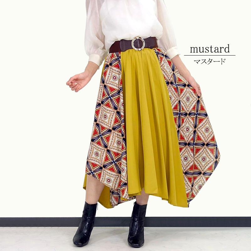 ハンカチーフヘムスカート レディース ロング プリント ミモレ丈 アシメ イレヘム ウエストゴム しわになりにくい skirt |  | 08