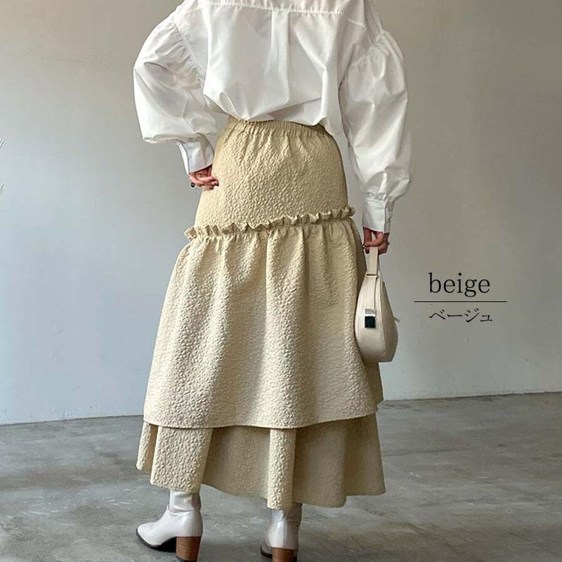 スカート ふくれジャガード ティアード ロング丈 切替 ウエストゴム ロングスカート ギャザー skirt |  | 06
