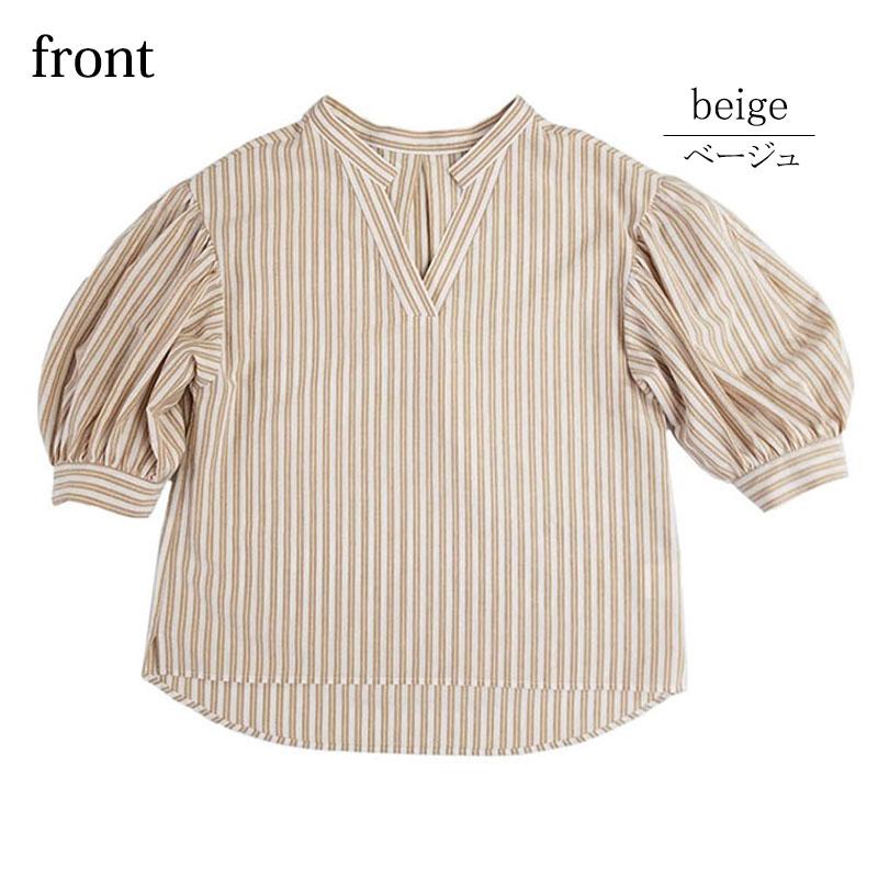 ストライプ ブラウス レディース ボリューム袖 綿 キーネック マオカラー 上質 七分袖 衣替え |  | 10