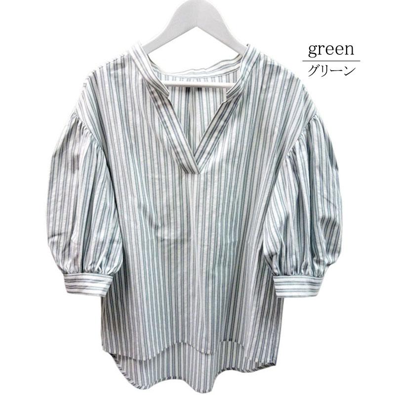ストライプ ブラウス レディース ボリューム袖 綿 キーネック マオカラー 上質 七分袖 衣替え |  | 14