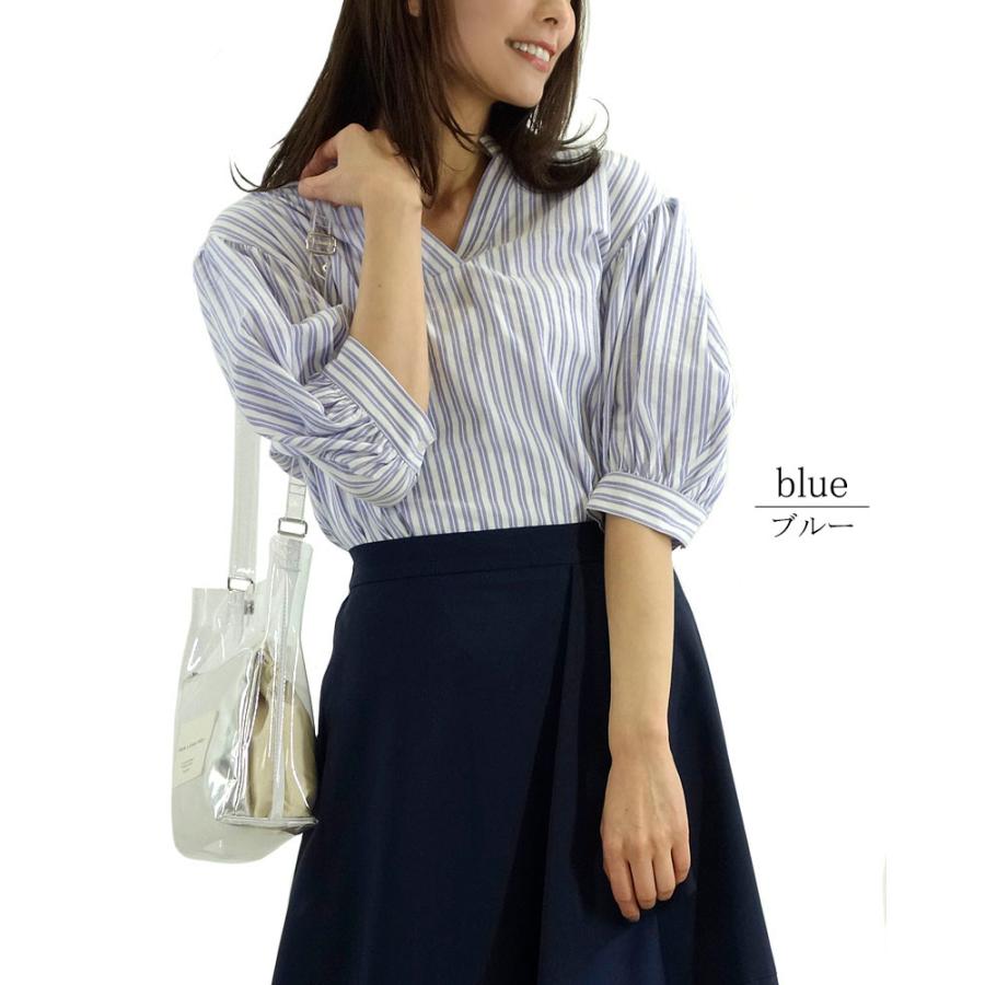 ストライプ ブラウス レディース ボリューム袖 綿 キーネック マオカラー 上質 七分袖 衣替え |  | 02
