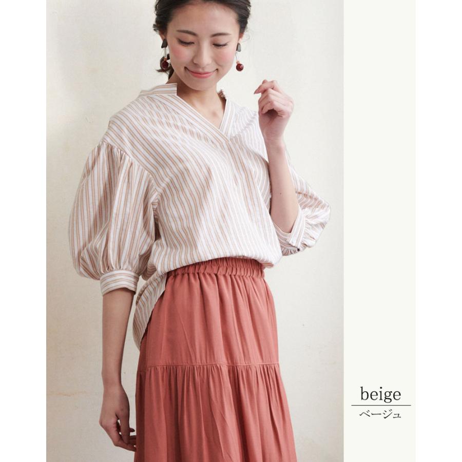 ストライプ ブラウス レディース ボリューム袖 綿 キーネック マオカラー 上質 七分袖 衣替え |  | 07