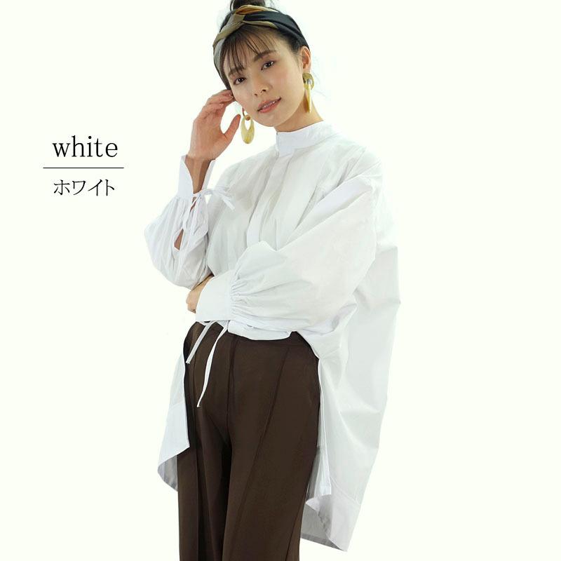 ビッグシルエット シャツ トップス レディース 長袖 リボン ハイネック スタンドカラー 綿 抜き衿 |  | 01