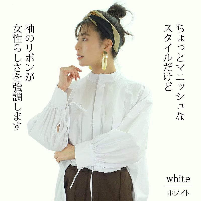ビッグシルエット シャツ トップス レディース 長袖 リボン ハイネック スタンドカラー 綿 抜き衿 |  | 03