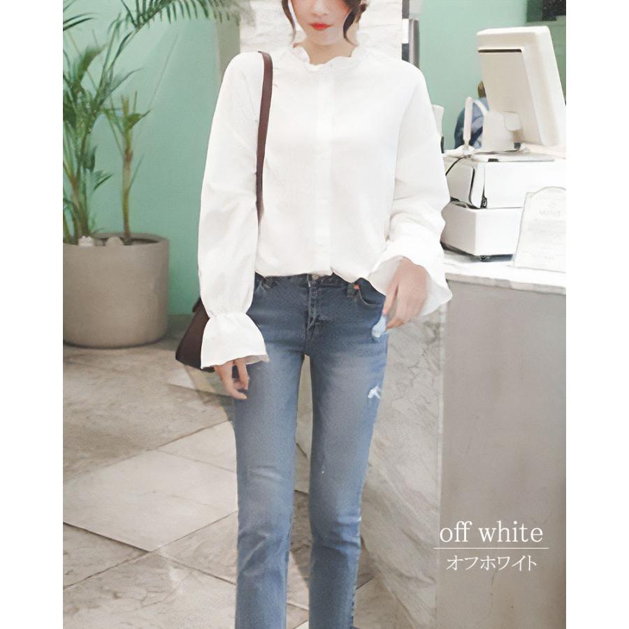 ブラウス フリル スタンド 長袖 春 オフィス 白 レディース シワになりくい ウォッシャブル 大人 |  | 02