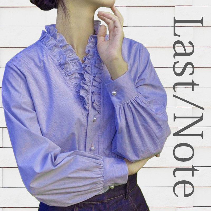 ブラウス フリル スタンド 長袖 春 オフィス ストライプ パール釦 レディース シワになりくい ウォッシャブル | 