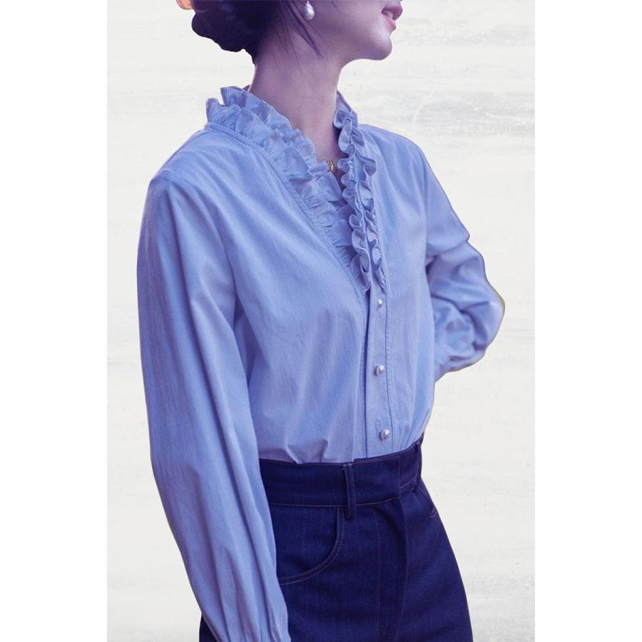 ブラウス フリル スタンド 長袖 春 オフィス ストライプ パール釦 レディース シワになりくい ウォッシャブル |  | 06