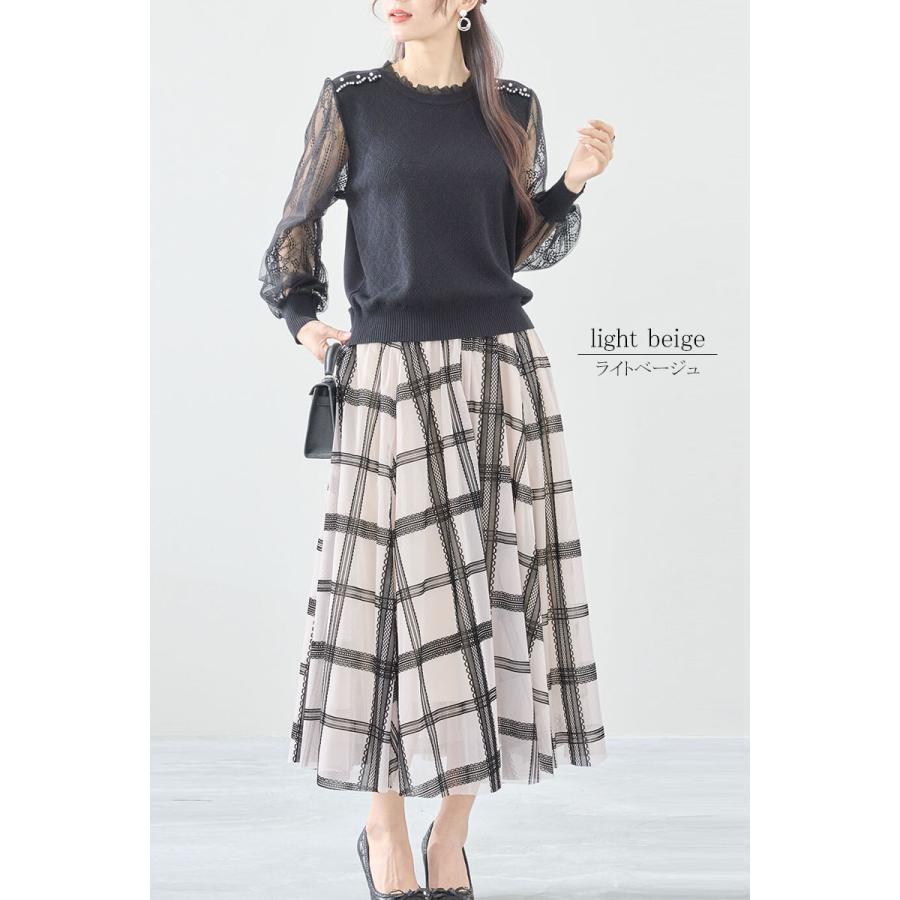 スカート ロング丈 チェック柄 フレアースカート レース チュール ウエストゴム 透け感 大人 skirt |  | 04
