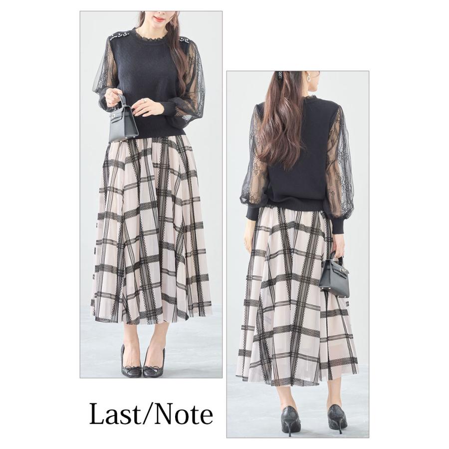 スカート ロング丈 チェック柄 フレアースカート レース チュール ウエストゴム 透け感 大人 skirt |  | 06