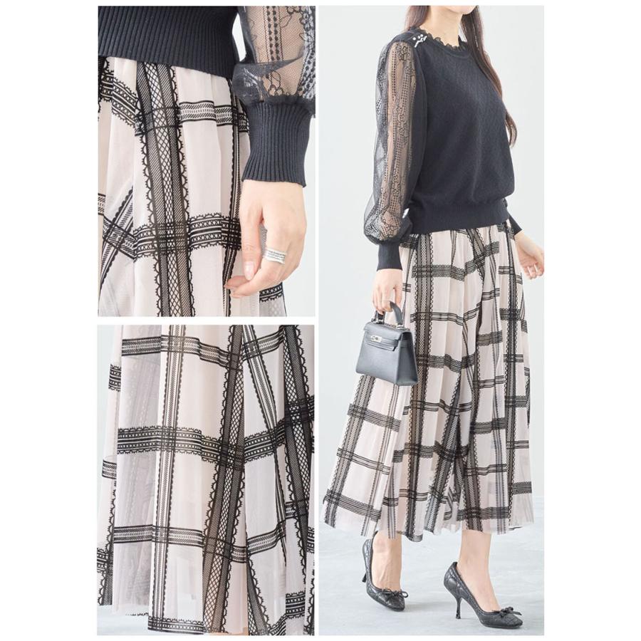 スカート ロング丈 チェック柄 フレアースカート レース チュール ウエストゴム 透け感 大人 skirt |  | 08