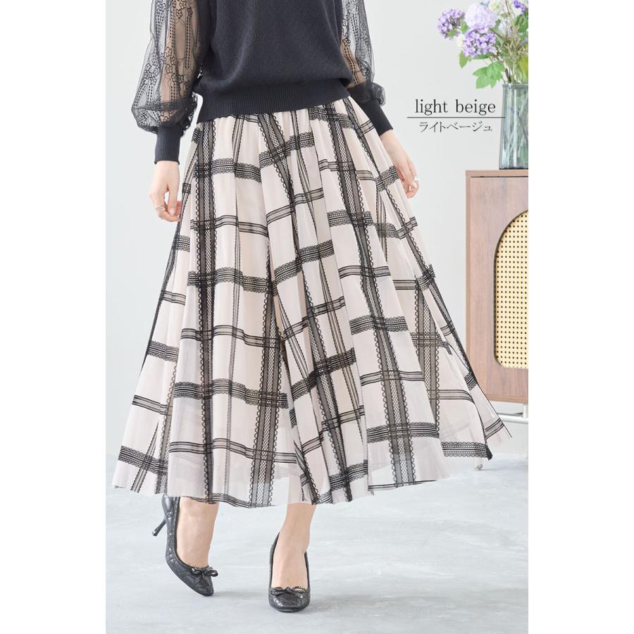 スカート ロング丈 チェック柄 フレアースカート レース チュール ウエストゴム 透け感 大人 skirt |  | 09
