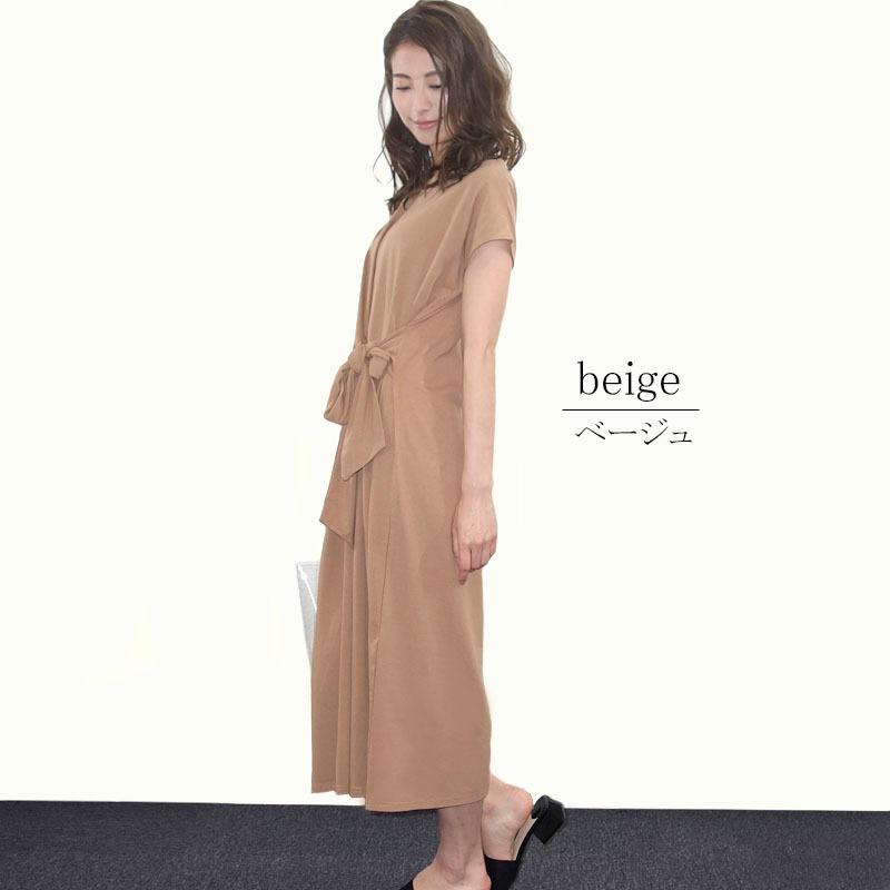 リボンワンピース レディース ロング カットソーワンピース カジュアル 体型カバー フレンチスリーブ ドレープ dress |  | 02