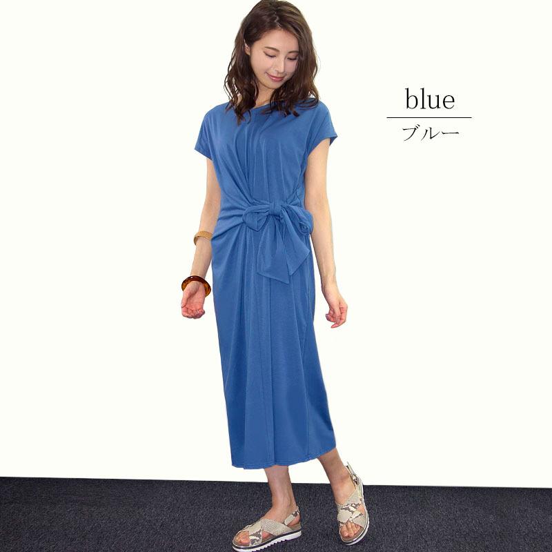 リボンワンピース レディース ロング カットソーワンピース カジュアル 体型カバー フレンチスリーブ ドレープ dress |  | 06
