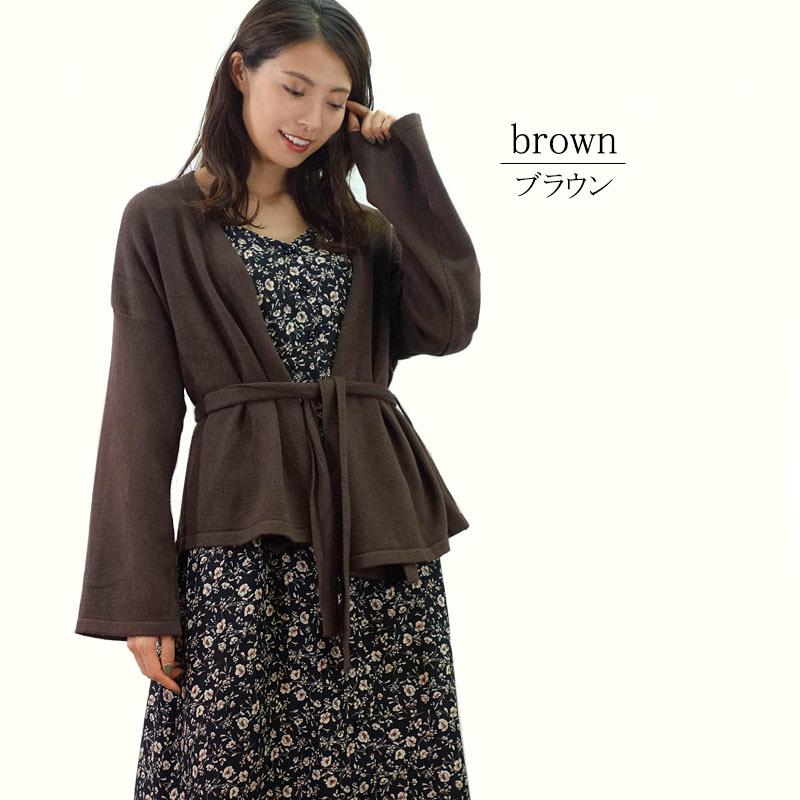 ニット カーディガン レディース 羽織り 長袖 ノーカラー ベルト付き 前開き ショートガウン カシュクール |  | 01